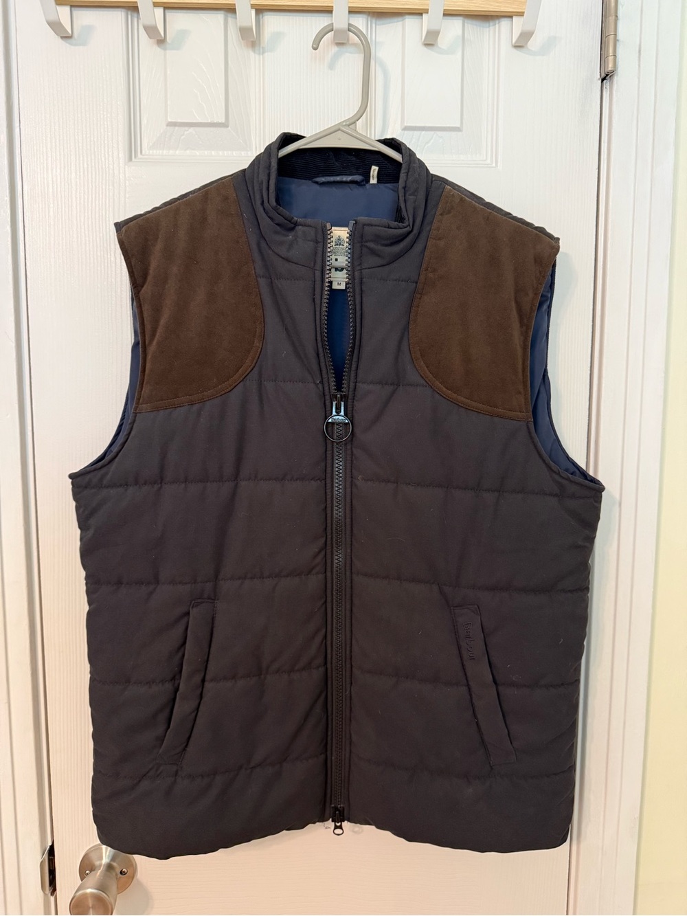 Barbour Black Quilted Vest with Brown Suede Shoulders